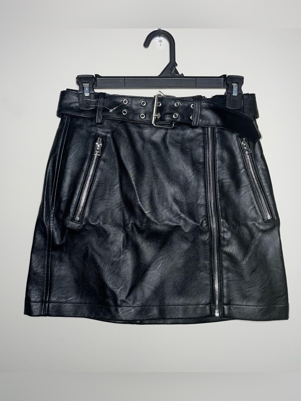 Topshop 4 Tall Leather Look Belt Zip Black Mini Skirt NWT Grunge Biker
